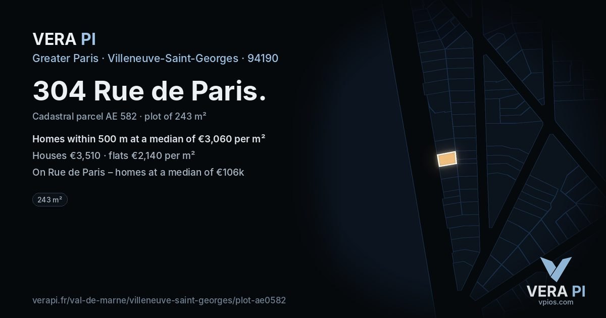 304 Rue de Paris, Villeneuve-Saint-Georges at night – the plot lit, the parcels around coloured by the prices near them