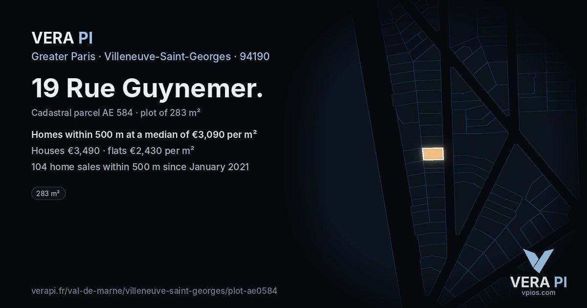 19 Rue Guynemer, Villeneuve-Saint-Georges at night – the plot lit, the parcels around coloured by the prices near them