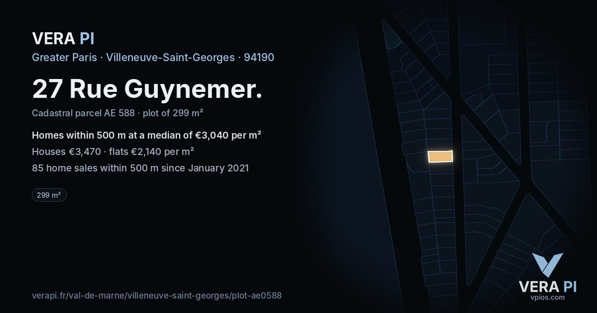27 Rue Guynemer, Villeneuve-Saint-Georges at night – the plot lit, the parcels around coloured by the prices near them