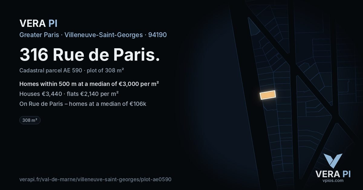 316 Rue de Paris, Villeneuve-Saint-Georges at night – the plot lit, the parcels around coloured by the prices near them