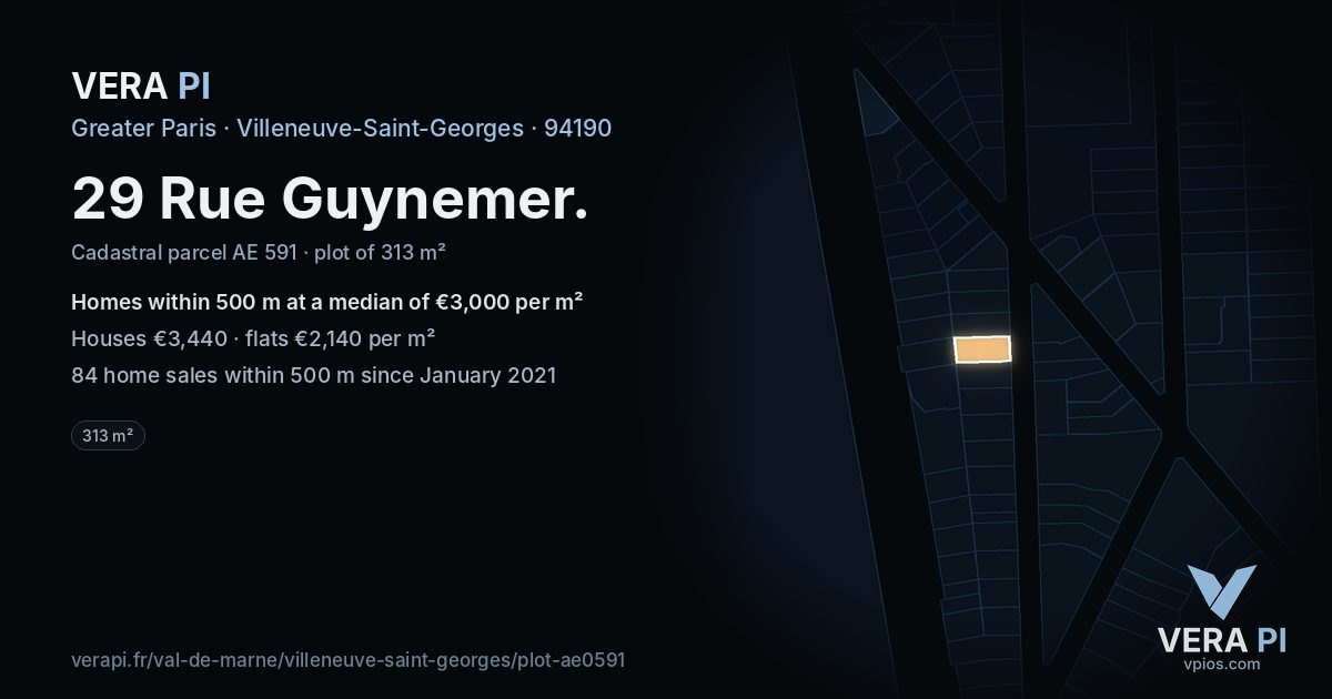 29 Rue Guynemer, Villeneuve-Saint-Georges at night – the plot lit, the parcels around coloured by the prices near them