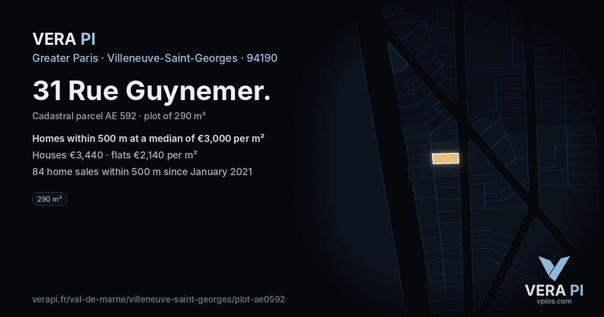 31 Rue Guynemer, Villeneuve-Saint-Georges at night – the plot lit, the parcels around coloured by the prices near them
