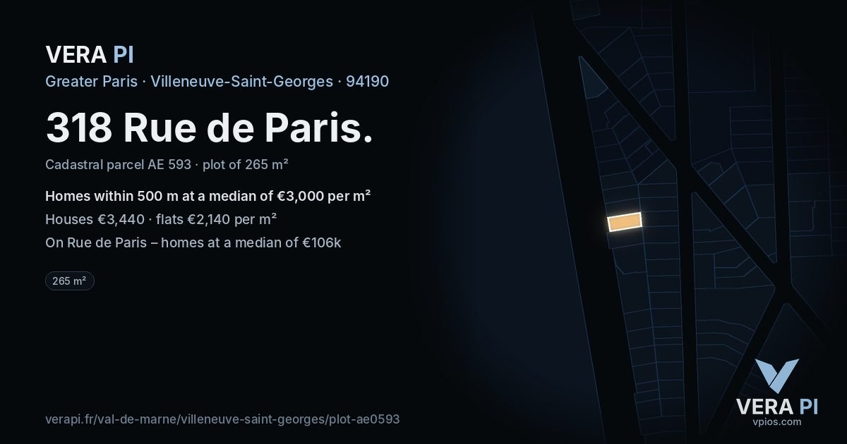 318 Rue de Paris, Villeneuve-Saint-Georges at night – the plot lit, the parcels around coloured by the prices near them