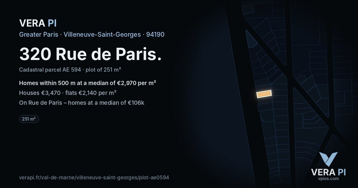 320 Rue de Paris, Villeneuve-Saint-Georges at night – the plot lit, the parcels around coloured by the prices near them