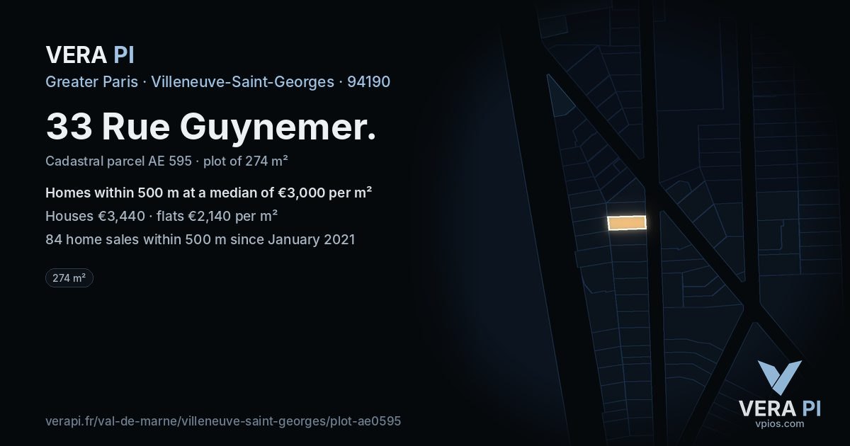 33 Rue Guynemer, Villeneuve-Saint-Georges at night – the plot lit, the parcels around coloured by the prices near them