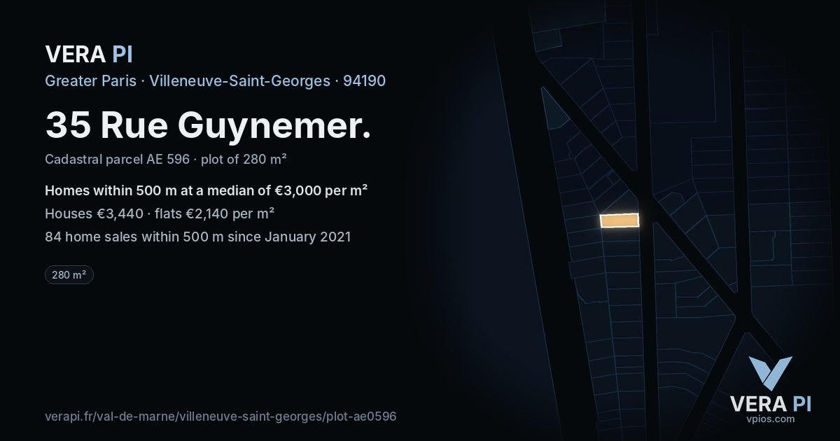 35 Rue Guynemer, Villeneuve-Saint-Georges at night – the plot lit, the parcels around coloured by the prices near them