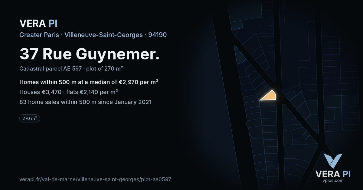 37 Rue Guynemer, Villeneuve-Saint-Georges at night – the plot lit, the parcels around coloured by the prices near them