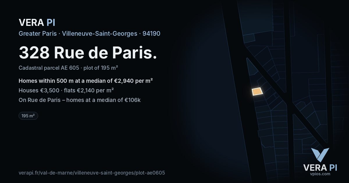 328 Rue de Paris, Villeneuve-Saint-Georges at night – the plot lit, the parcels around coloured by the prices near them