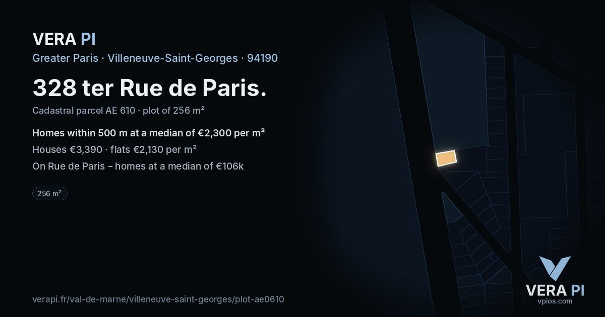 328 ter Rue de Paris, Villeneuve-Saint-Georges at night – the plot lit, the parcels around coloured by the prices near them