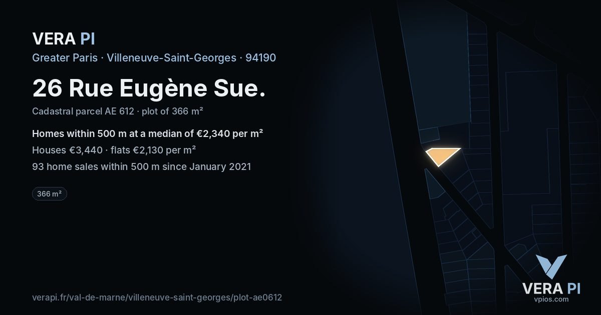 26 Rue Eugène Sue, Villeneuve-Saint-Georges at night – the plot lit, the parcels around coloured by the prices near them