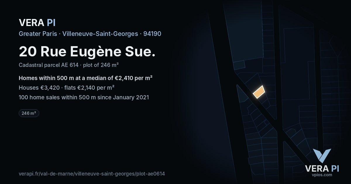 20 Rue Eugène Sue, Villeneuve-Saint-Georges at night – the plot lit, the parcels around coloured by the prices near them