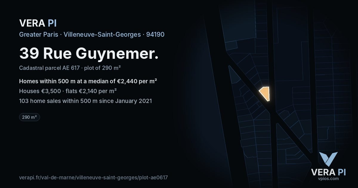 39 Rue Guynemer, Villeneuve-Saint-Georges at night – the plot lit, the parcels around coloured by the prices near them