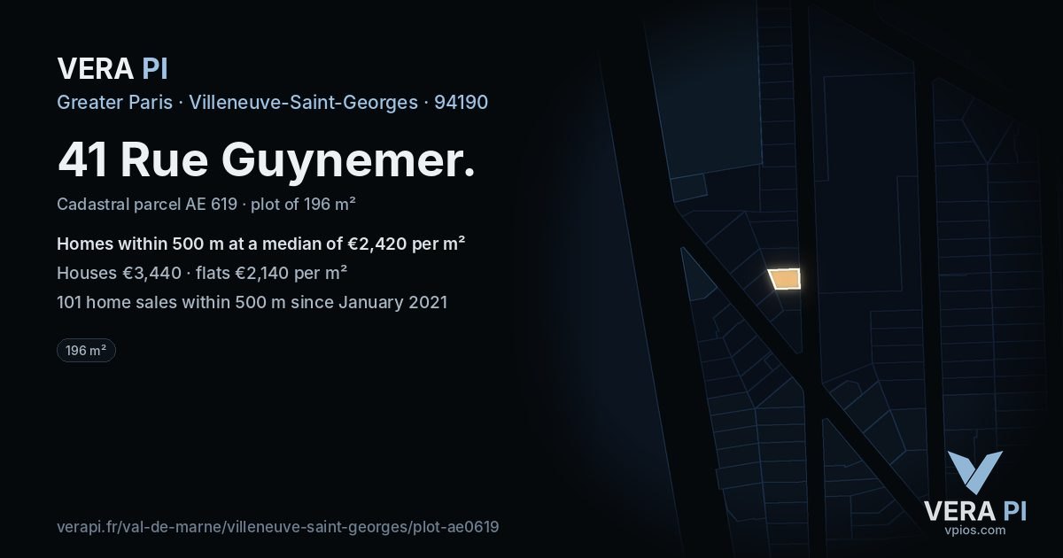41 Rue Guynemer, Villeneuve-Saint-Georges at night – the plot lit, the parcels around coloured by the prices near them