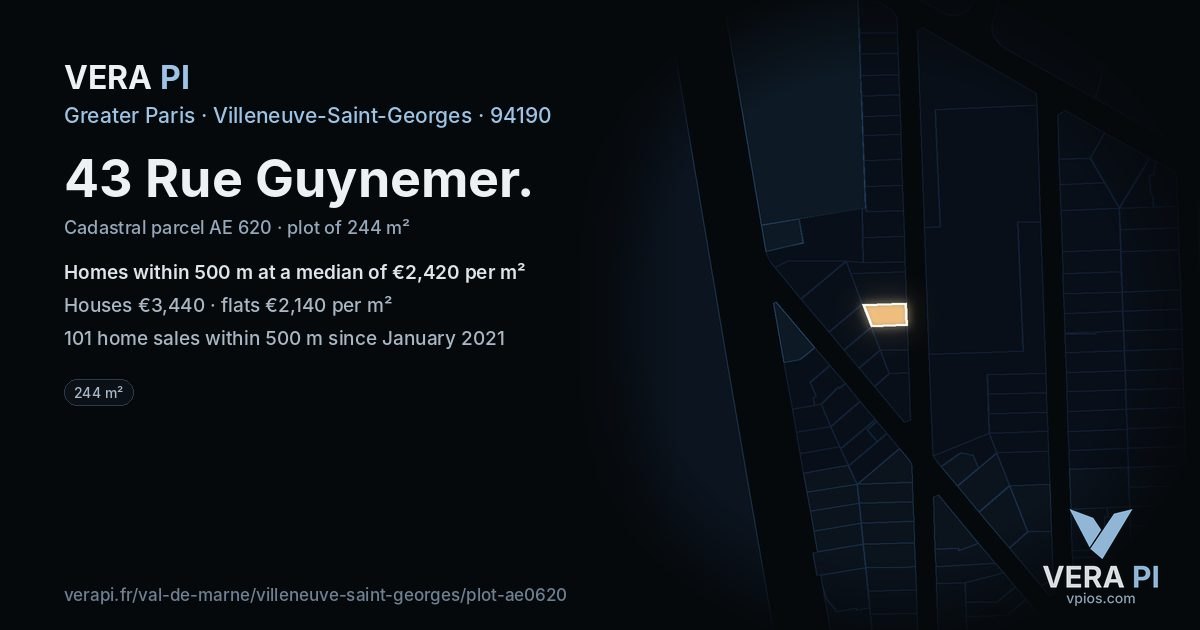 43 Rue Guynemer, Villeneuve-Saint-Georges at night – the plot lit, the parcels around coloured by the prices near them