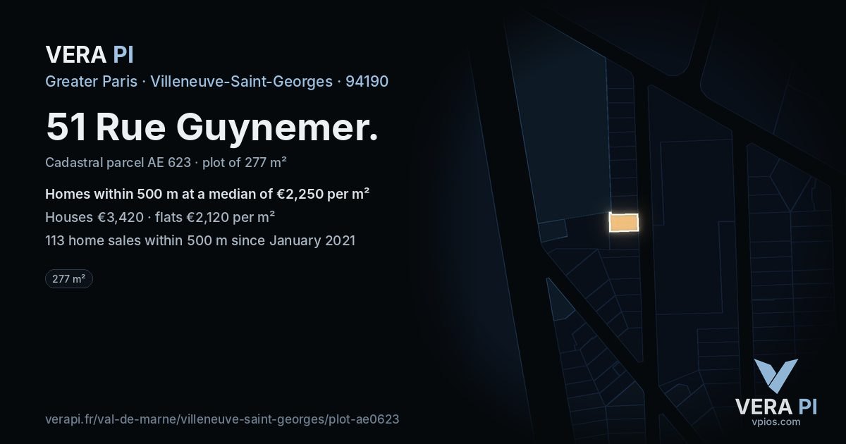 51 Rue Guynemer, Villeneuve-Saint-Georges at night – the plot lit, the parcels around coloured by the prices near them