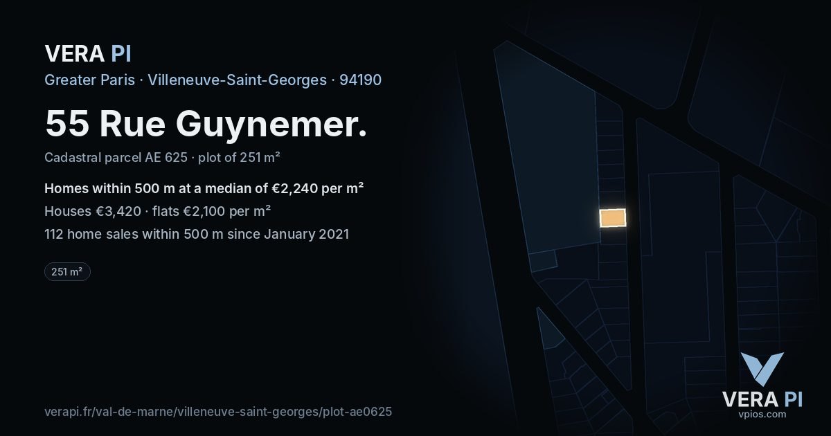 55 Rue Guynemer, Villeneuve-Saint-Georges at night – the plot lit, the parcels around coloured by the prices near them