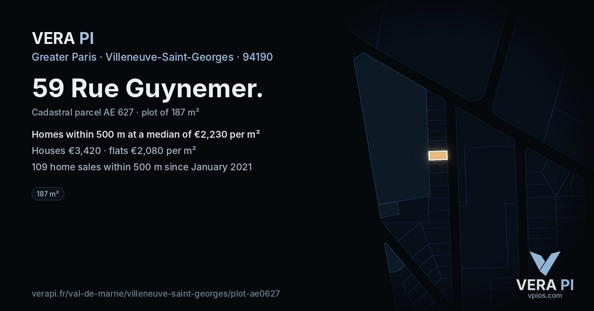 59 Rue Guynemer, Villeneuve-Saint-Georges at night – the plot lit, the parcels around coloured by the prices near them