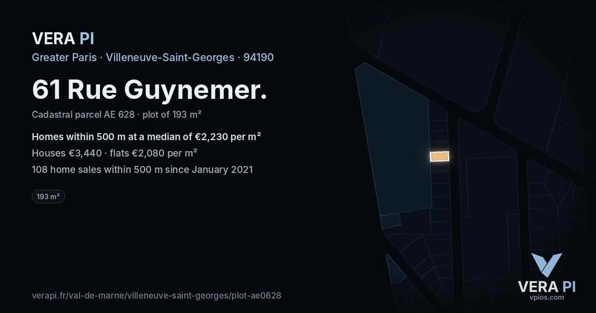 61 Rue Guynemer, Villeneuve-Saint-Georges at night – the plot lit, the parcels around coloured by the prices near them
