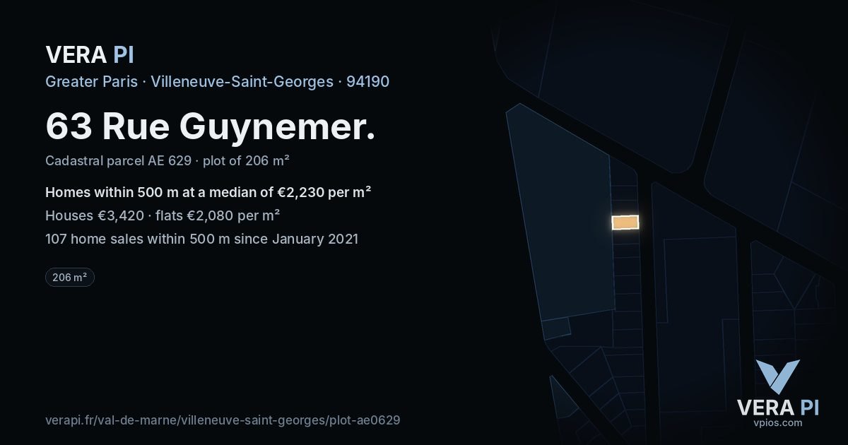 63 Rue Guynemer, Villeneuve-Saint-Georges at night – the plot lit, the parcels around coloured by the prices near them