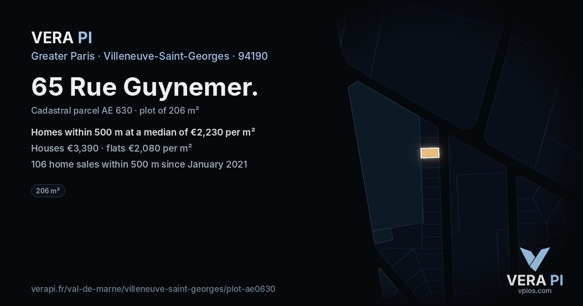65 Rue Guynemer, Villeneuve-Saint-Georges at night – the plot lit, the parcels around coloured by the prices near them