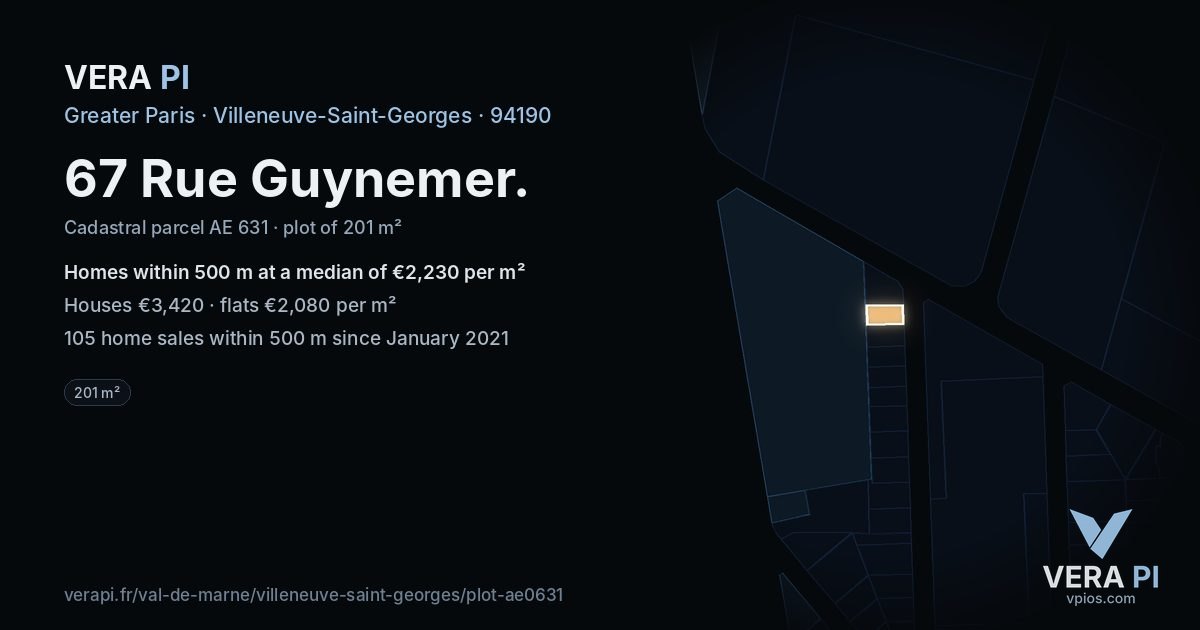 67 Rue Guynemer, Villeneuve-Saint-Georges at night – the plot lit, the parcels around coloured by the prices near them