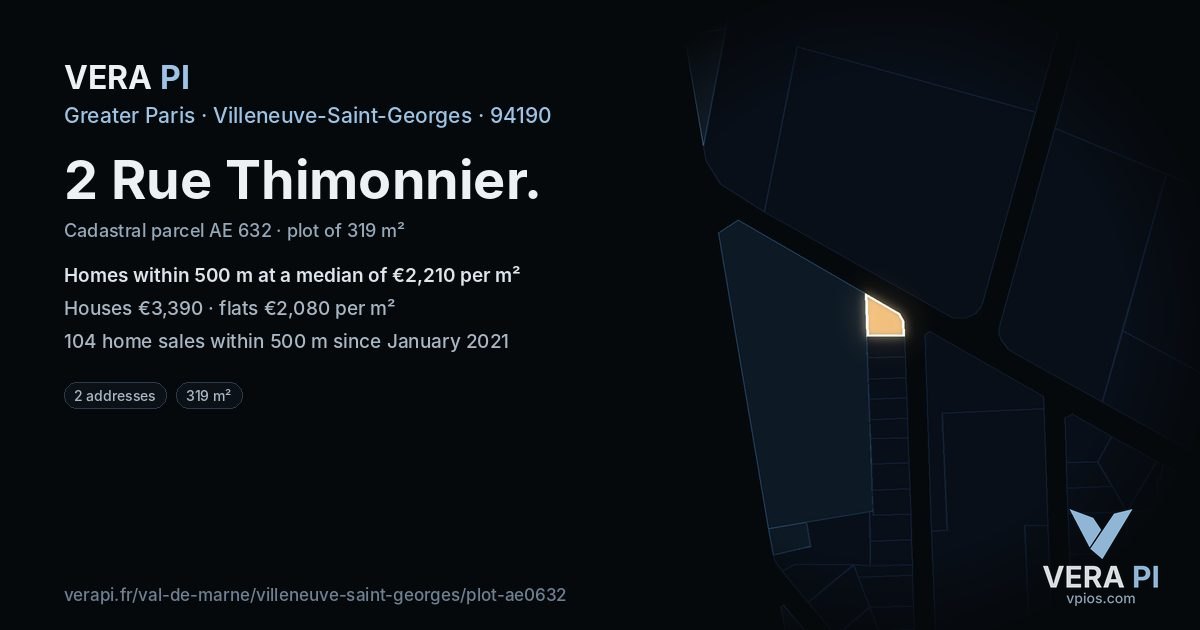 2 Rue Thimonnier, Villeneuve-Saint-Georges at night – the plot lit, the parcels around coloured by the prices near them