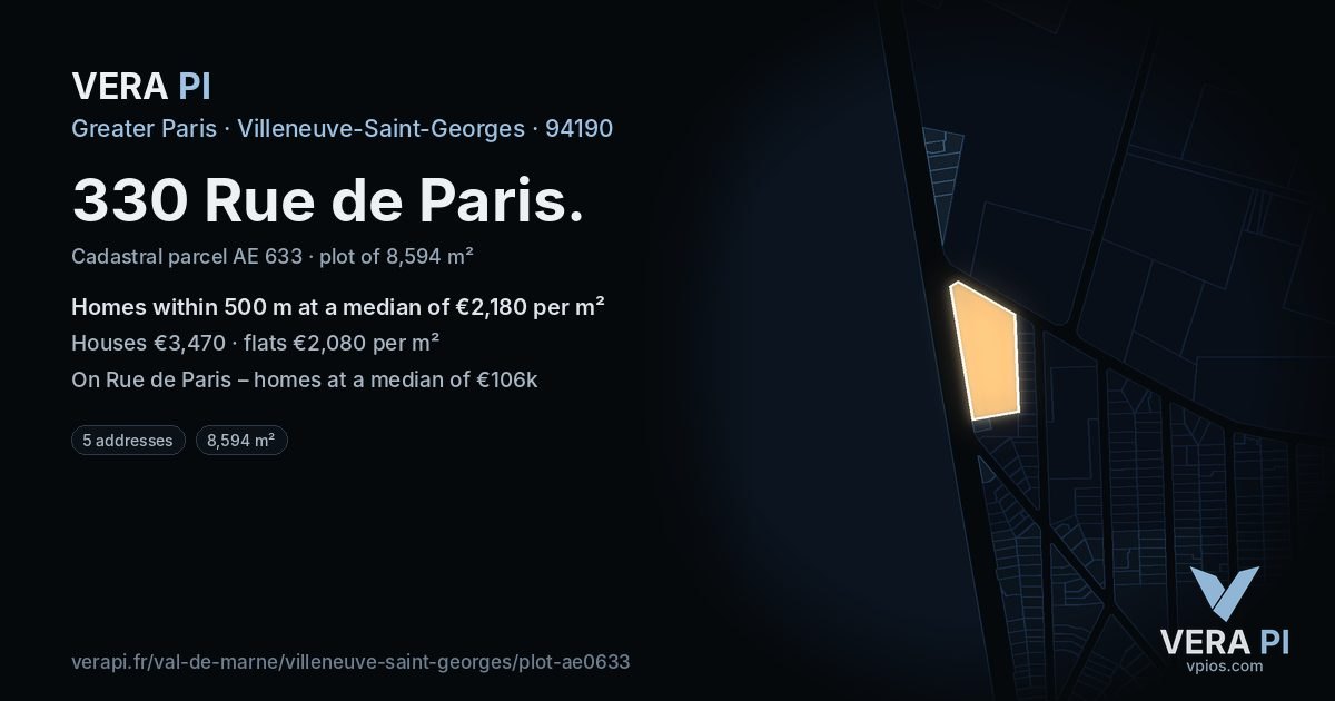 330 Rue de Paris, Villeneuve-Saint-Georges at night – the plot lit, the parcels around coloured by the prices near them