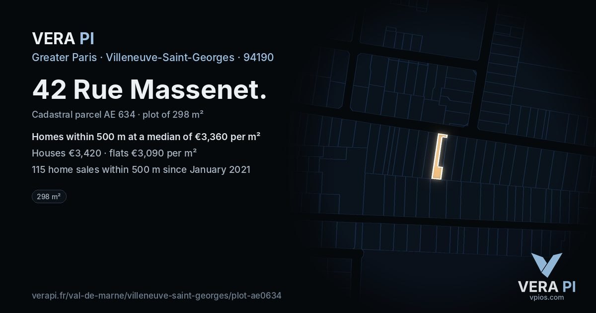 42 Rue Massenet, Villeneuve-Saint-Georges at night – the plot lit, the parcels around coloured by the prices near them