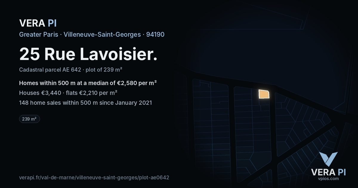 25 Rue Lavoisier, Villeneuve-Saint-Georges at night – the plot lit, the parcels around coloured by the prices near them