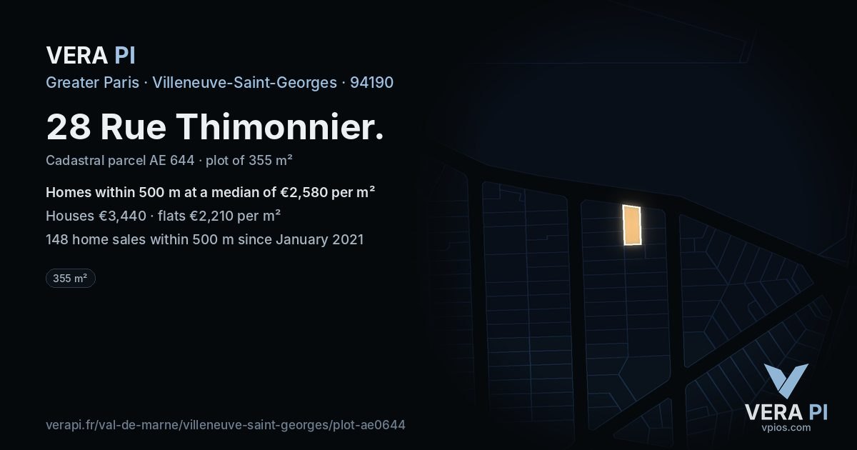 28 Rue Thimonnier, Villeneuve-Saint-Georges at night – the plot lit, the parcels around coloured by the prices near them