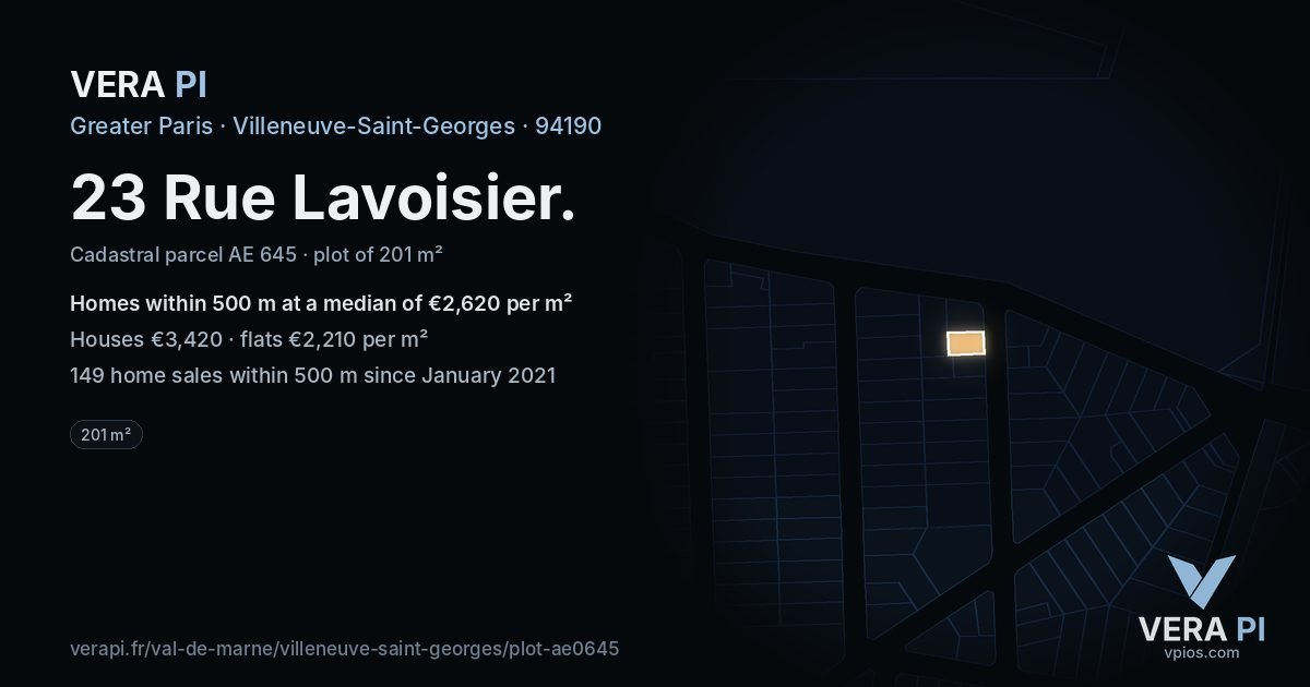 23 Rue Lavoisier, Villeneuve-Saint-Georges at night – the plot lit, the parcels around coloured by the prices near them