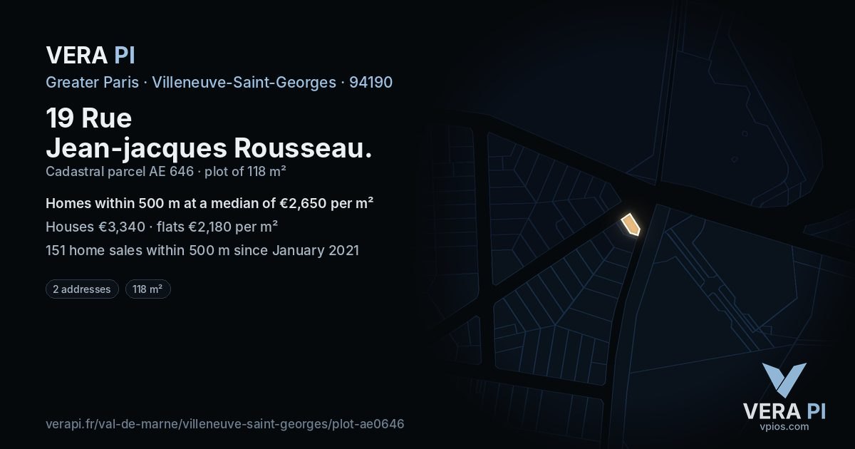 19 Rue Jean-jacques Rousseau, Villeneuve-Saint-Georges at night – the plot lit, the parcels around coloured by the prices near them