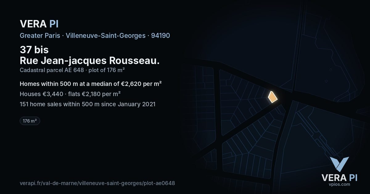 37 bis Rue Jean-jacques Rousseau, Villeneuve-Saint-Georges at night – the plot lit, the parcels around coloured by the prices near them