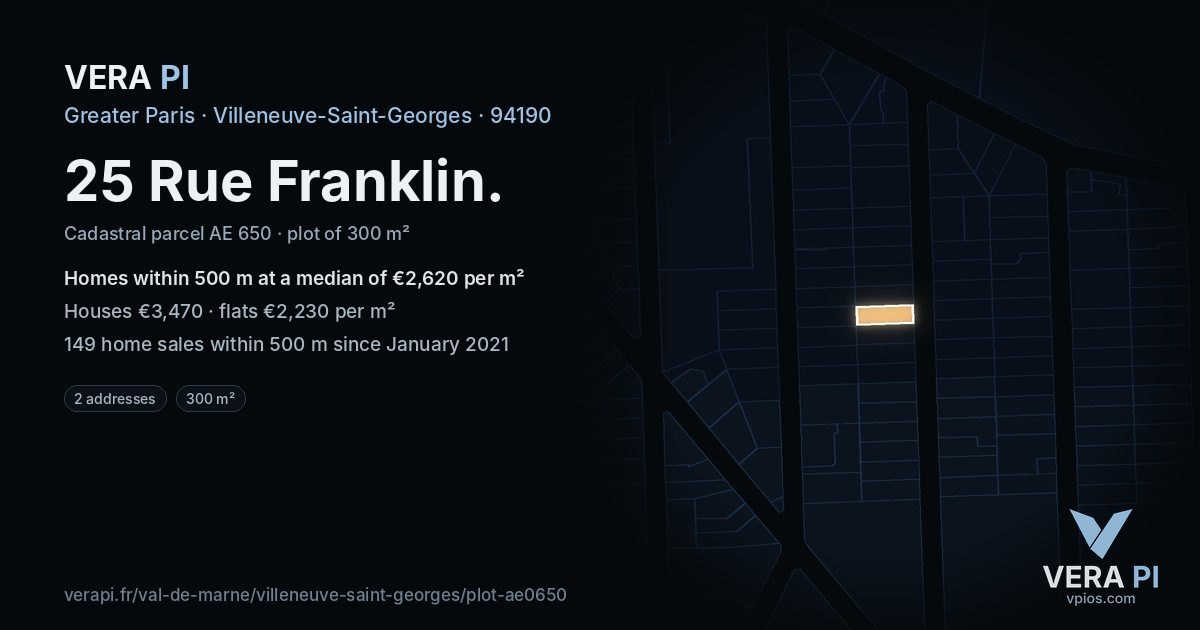 25 Rue Franklin, Villeneuve-Saint-Georges at night – the plot lit, the parcels around coloured by the prices near them