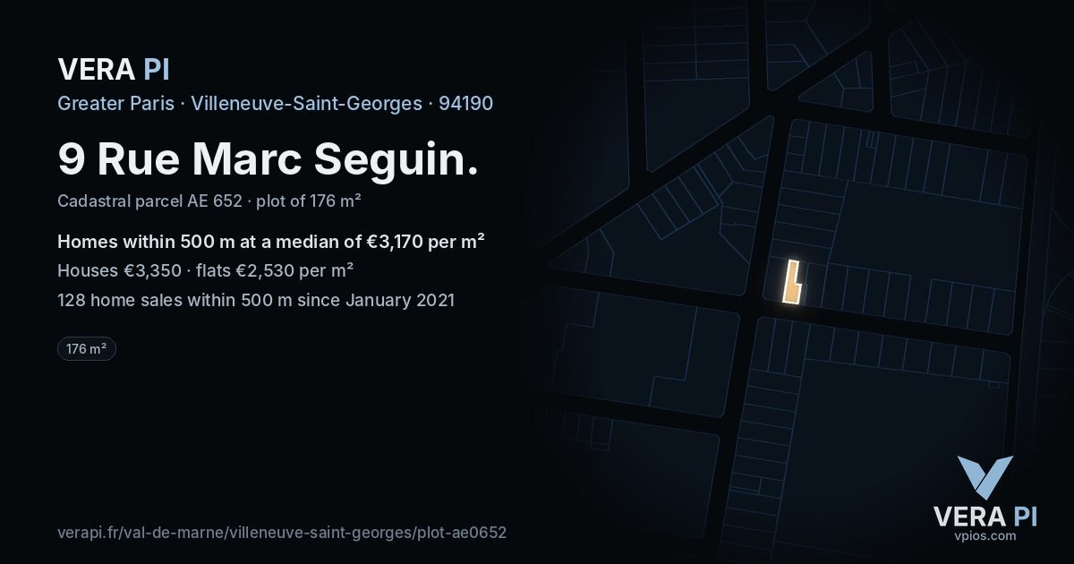 9 Rue Marc Seguin, Villeneuve-Saint-Georges at night – the plot lit, the parcels around coloured by the prices near them