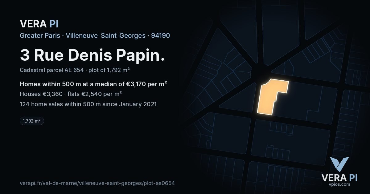 3 Rue Denis Papin, Villeneuve-Saint-Georges at night – the plot lit, the parcels around coloured by the prices near them