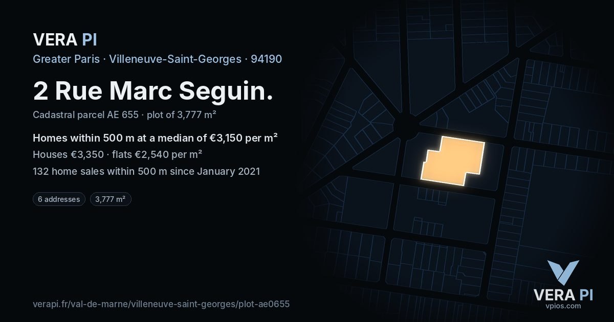2 Rue Marc Seguin, Villeneuve-Saint-Georges at night – the plot lit, the parcels around coloured by the prices near them