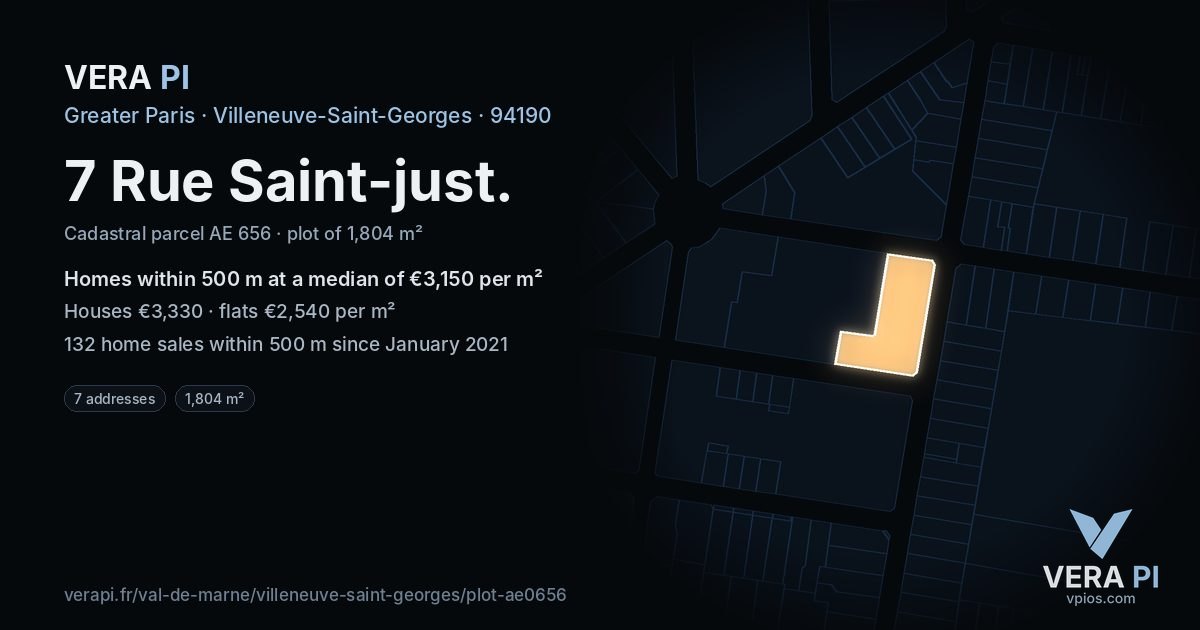 7 Rue Saint-just, Villeneuve-Saint-Georges at night – the plot lit, the parcels around coloured by the prices near them