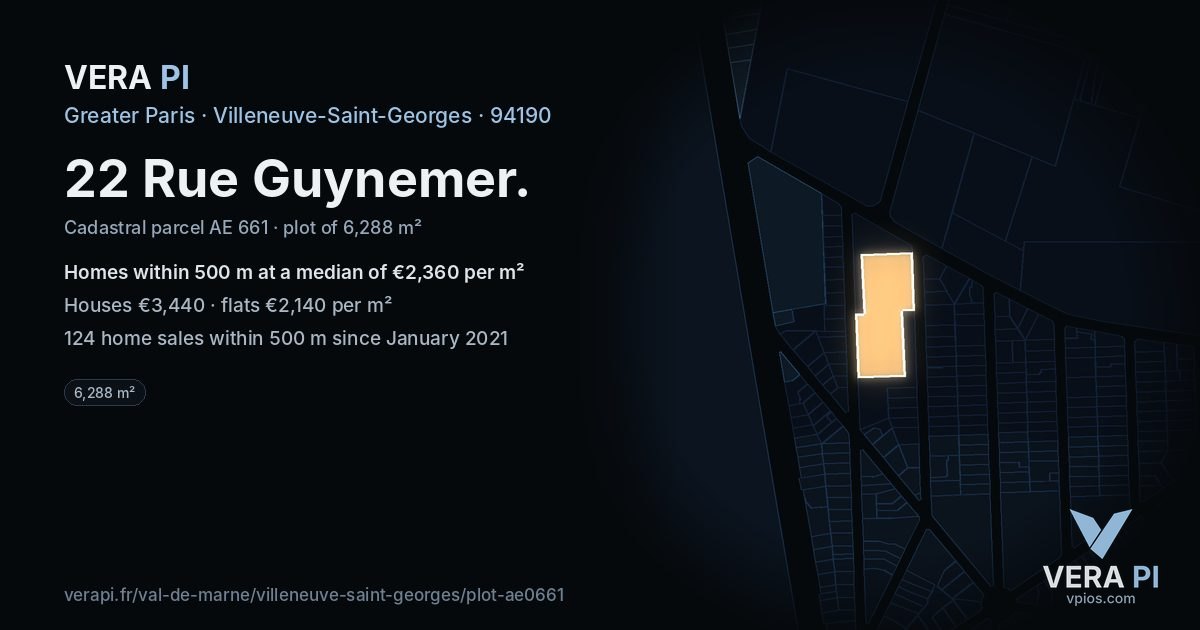 22 Rue Guynemer, Villeneuve-Saint-Georges at night – the plot lit, the parcels around coloured by the prices near them