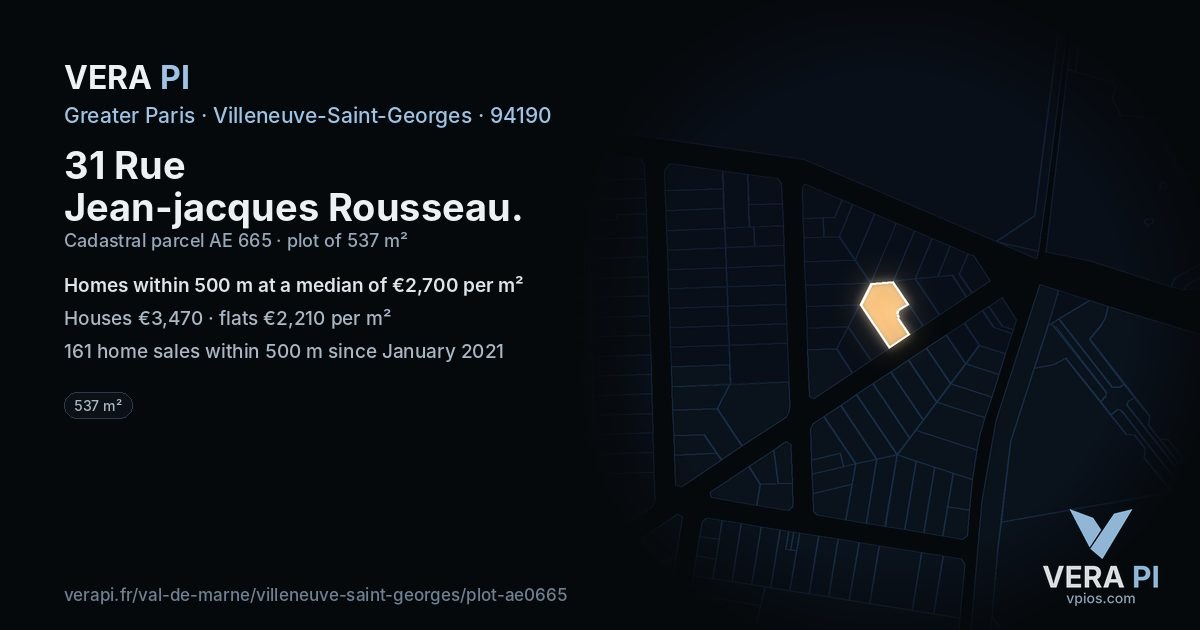 31 Rue Jean-jacques Rousseau, Villeneuve-Saint-Georges at night – the plot lit, the parcels around coloured by the prices near them