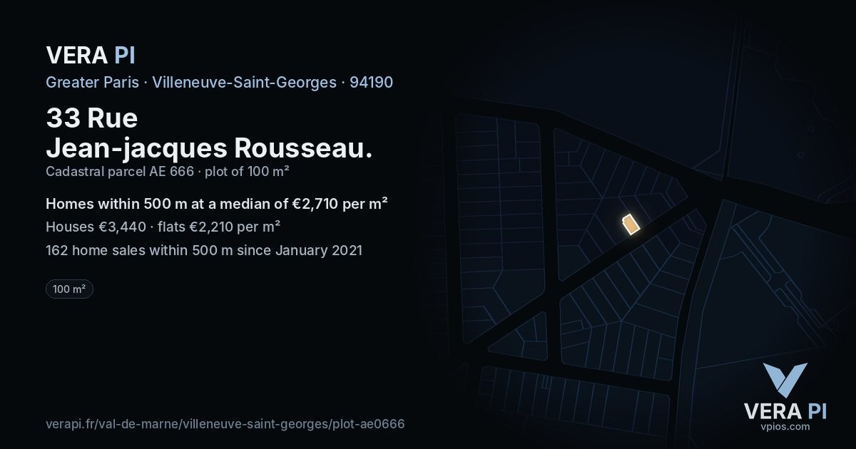 33 Rue Jean-jacques Rousseau, Villeneuve-Saint-Georges at night – the plot lit, the parcels around coloured by the prices near them