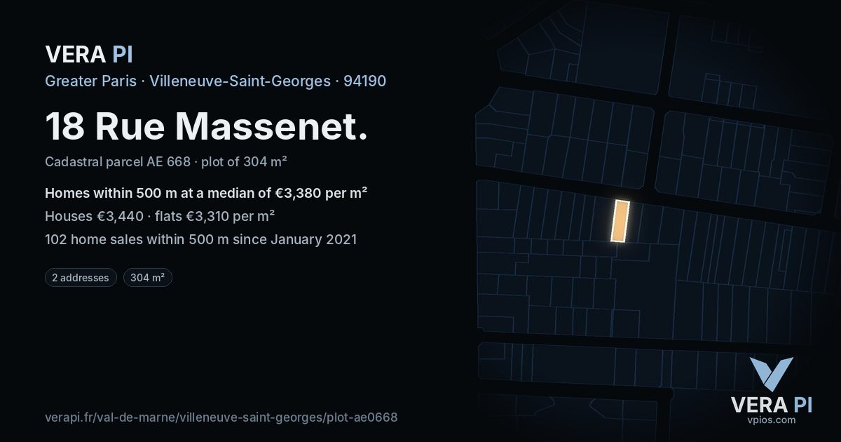 18 Rue Massenet, Villeneuve-Saint-Georges at night – the plot lit, the parcels around coloured by the prices near them