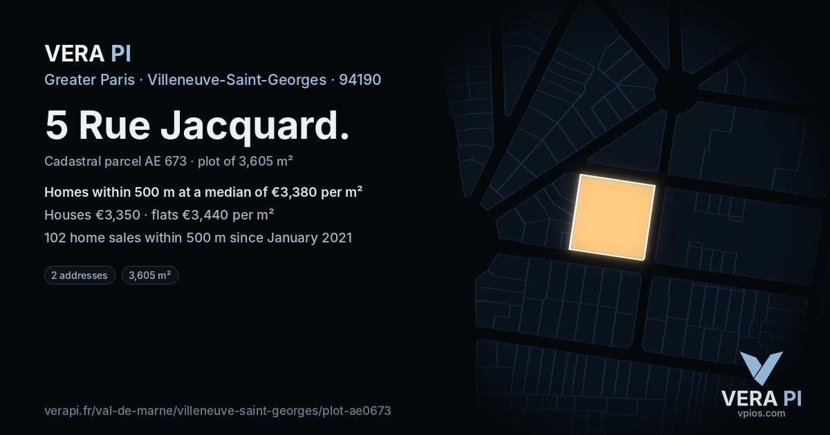 5 Rue Jacquard, Villeneuve-Saint-Georges at night – the plot lit, the parcels around coloured by the prices near them