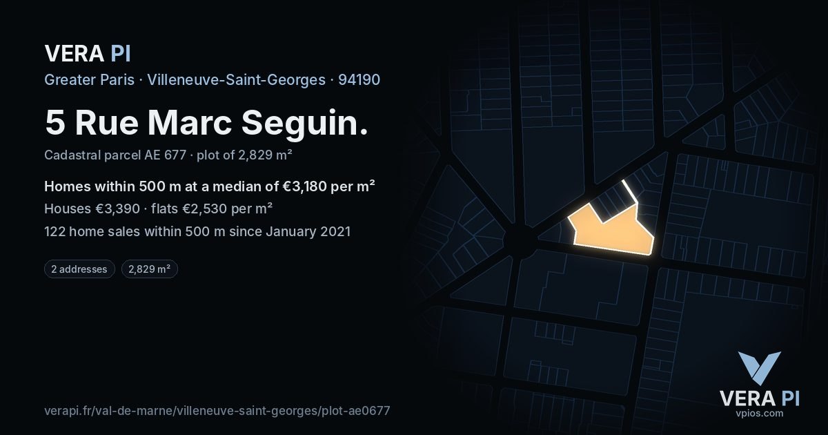 5 Rue Marc Seguin, Villeneuve-Saint-Georges at night – the plot lit, the parcels around coloured by the prices near them