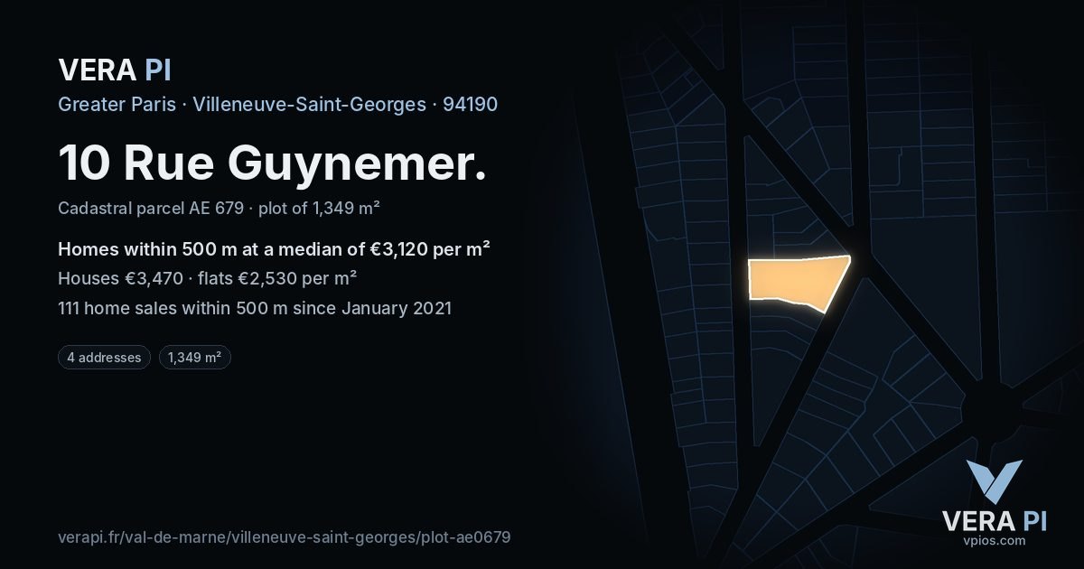 10 Rue Guynemer, Villeneuve-Saint-Georges at night – the plot lit, the parcels around coloured by the prices near them