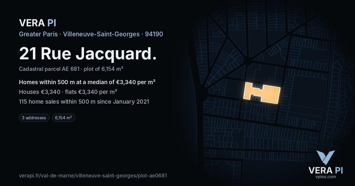 21 Rue Jacquard, Villeneuve-Saint-Georges at night – the plot lit, the parcels around coloured by the prices near them