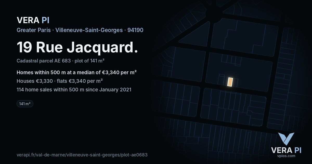 19 Rue Jacquard, Villeneuve-Saint-Georges at night – the plot lit, the parcels around coloured by the prices near them