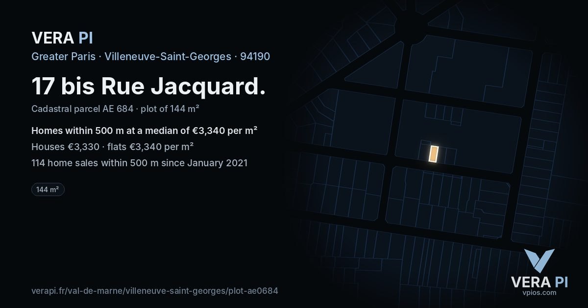 17 bis Rue Jacquard, Villeneuve-Saint-Georges at night – the plot lit, the parcels around coloured by the prices near them
