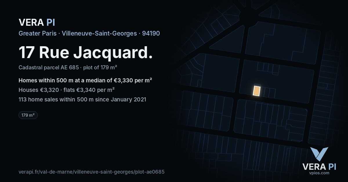 17 Rue Jacquard, Villeneuve-Saint-Georges at night – the plot lit, the parcels around coloured by the prices near them