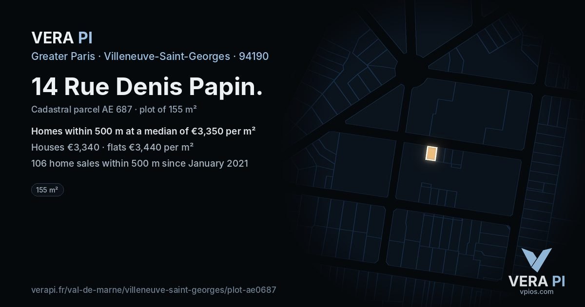 14 Rue Denis Papin, Villeneuve-Saint-Georges at night – the plot lit, the parcels around coloured by the prices near them